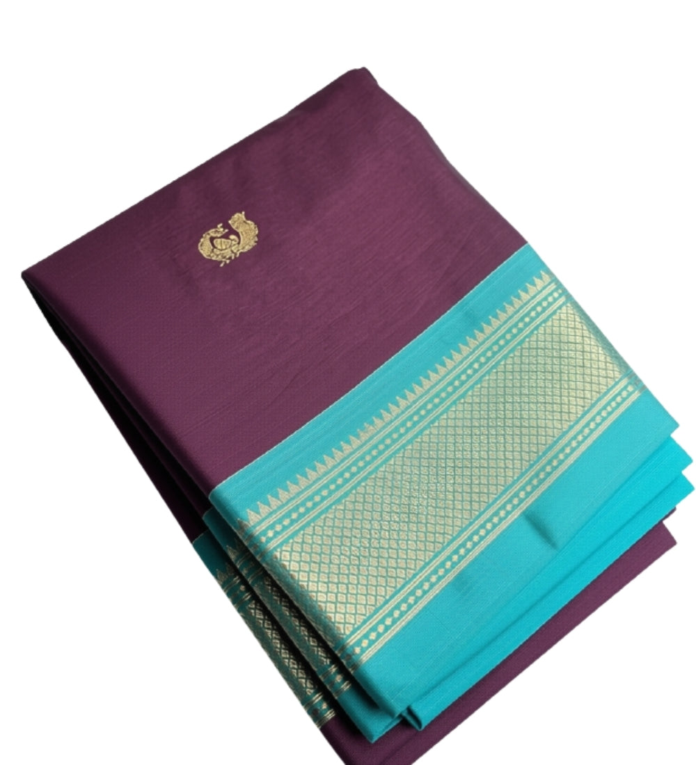 Generic Women's Cotton Silk Solid Saree With Unstitched Blouse - 5.5 Mtr (Purple-Turquoise)