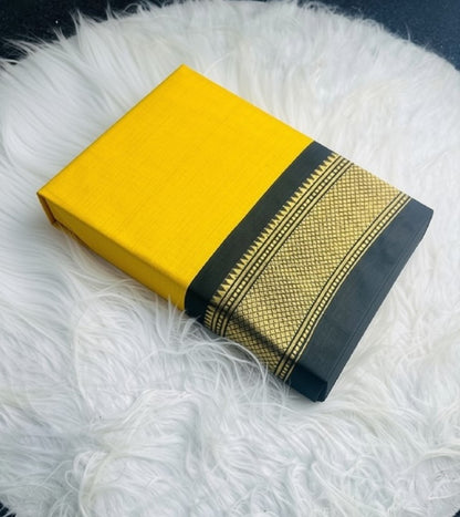 Generic Women's Cotton Silk Solid Saree With Unstitched Blouse - 5.5 Mtr (Yellow-Black)
