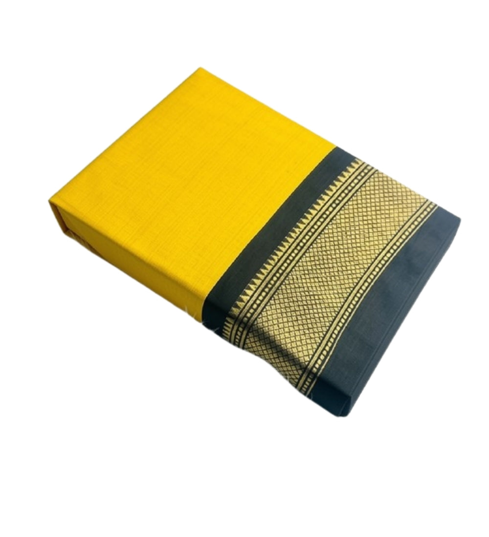 Generic Women's Cotton Silk Solid Saree With Unstitched Blouse - 5.5 Mtr (Yellow-Black)