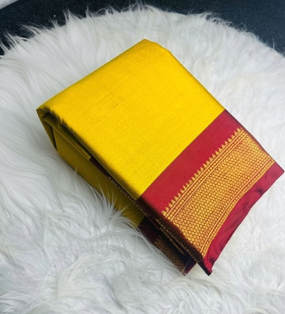 Generic Women's Cotton Silk Solid Saree With Unstitched Blouse - 5.5 Mtr (Yellow-Red)