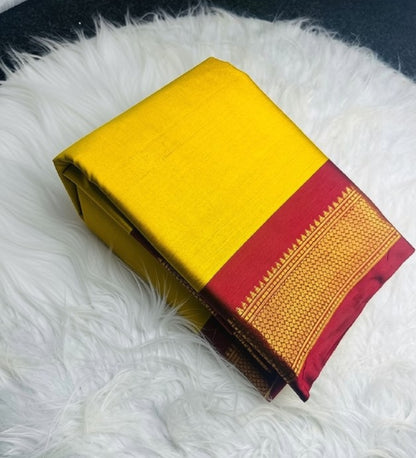 Generic Women's Cotton Silk Solid Saree With Unstitched Blouse - 5.5 Mtr (Yellow-Red)