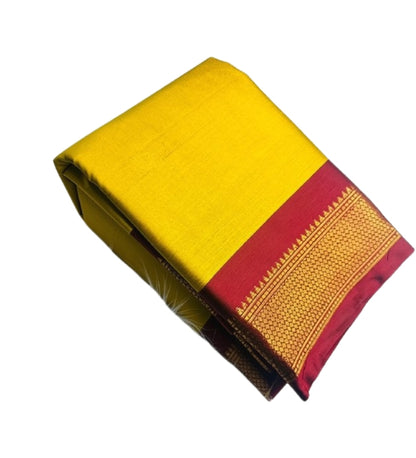 Generic Women's Cotton Silk Solid Saree With Unstitched Blouse - 5.5 Mtr (Yellow-Red)