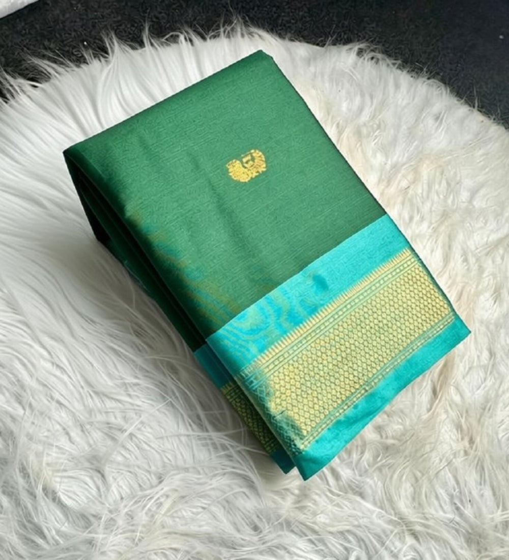 Generic Women's Cotton Silk Solid Saree With Unstitched Blouse - 5.5 Mtr (Dark Green-Turquoise)
