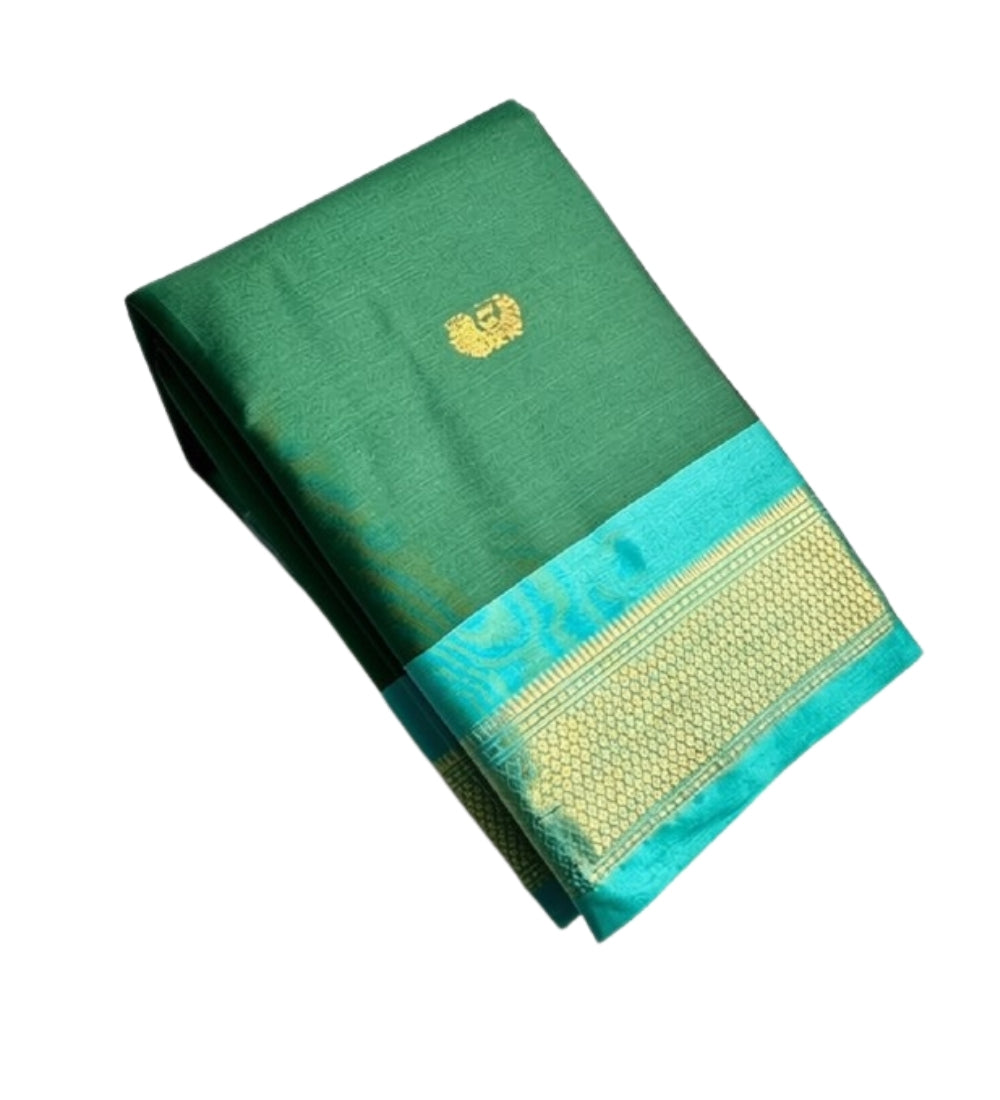 Generic Women's Cotton Silk Solid Saree With Unstitched Blouse - 5.5 Mtr (Dark Green-Turquoise)