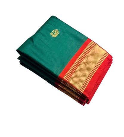 Generic Women's Cotton Silk Solid Saree With Unstitched Blouse - 5.5 Mtr (Dark Green-Red)