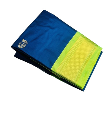 Generic Women's Cotton Silk Solid Saree With Unstitched Blouse - 5.5 Mtr (Navy Blue-Light Green)