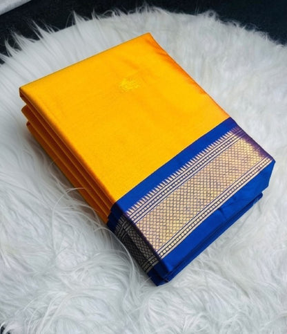 Generic Women's Cotton Silk Solid Saree With Unstitched Blouse - 5.5 Mtr (Yellow-Blue)