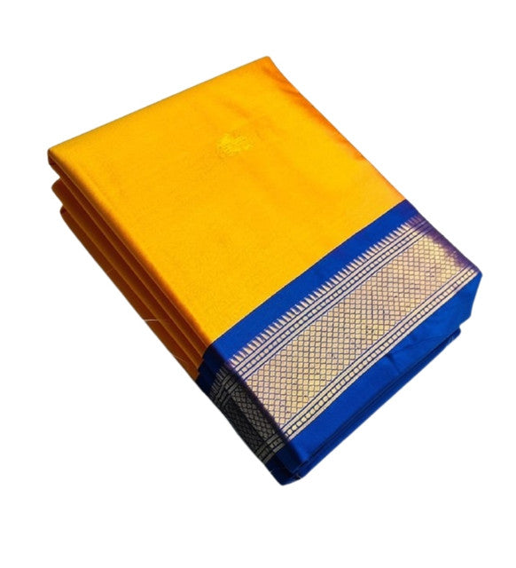 Generic Women's Cotton Silk Solid Saree With Unstitched Blouse - 5.5 Mtr (Yellow-Blue)