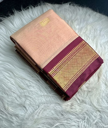 Generic Women's Cotton Silk Solid Saree With Unstitched Blouse - 5.5 Mtr (Peach-Maroon)