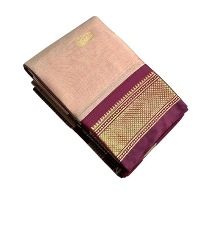 Generic Women's Cotton Silk Solid Saree With Unstitched Blouse - 5.5 Mtr (Peach-Maroon)