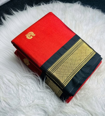 Generic Women's Cotton Silk Solid Saree With Unstitched Blouse - 5.5 Mtr (Red-Black)