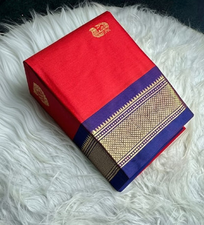 Generic Women's Cotton Silk Solid Saree With Unstitched Blouse - 5.5 Mtr (Red-Blue)