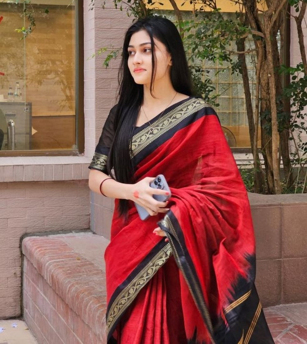 Generic Women's Linen Striped Saree With Unstitched Blouse - 5.5 Mtr (Red-Black)