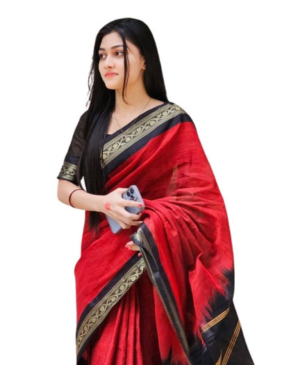 Generic Women's Linen Striped Saree With Unstitched Blouse - 5.5 Mtr (Red-Black)