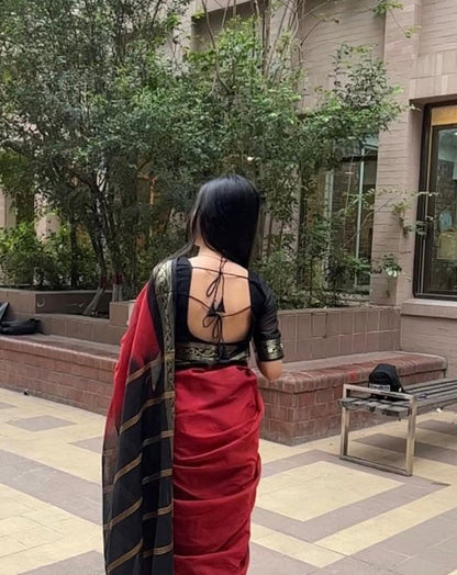 Generic Women's Linen Striped Saree With Unstitched Blouse - 5.5 Mtr (Red-Black)