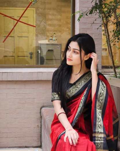 Generic Women's Linen Striped Saree With Unstitched Blouse - 5.5 Mtr (Red-Black)