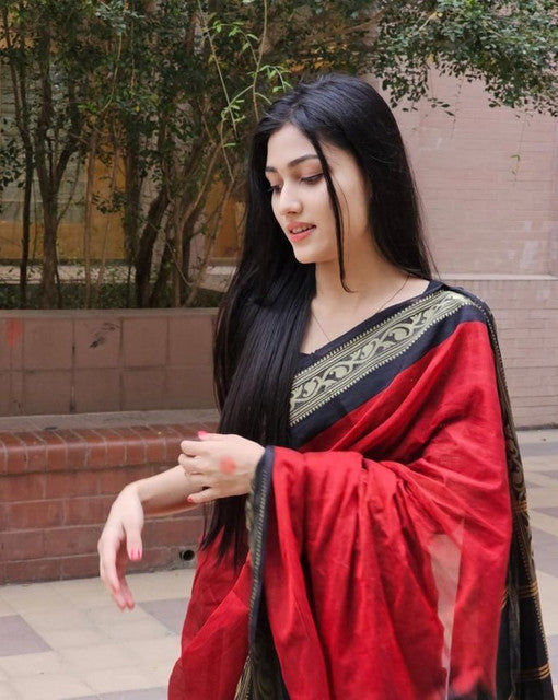 Generic Women's Linen Striped Saree With Unstitched Blouse - 5.5 Mtr (Red-Black)