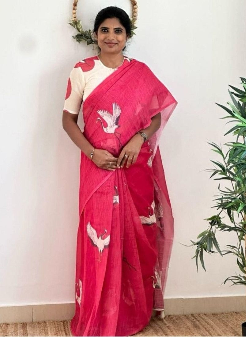 Generic Women's Linen Printed Saree With Unstitched Blouse - 5.5 Mtr (Pink)
