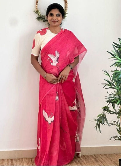 Generic Women's Linen Printed Saree With Unstitched Blouse - 5.5 Mtr (Pink)