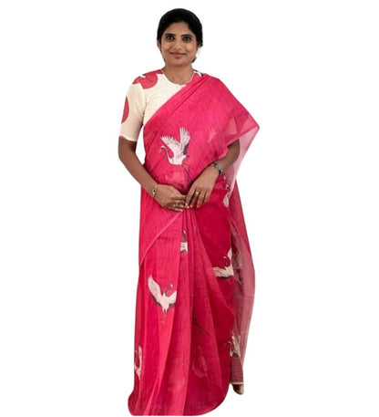 Generic Women's Linen Printed Saree With Unstitched Blouse - 5.5 Mtr (Pink)
