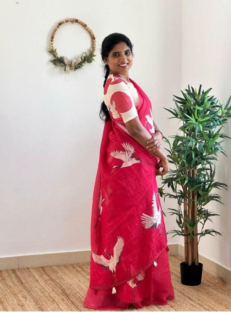 Generic Women's Linen Printed Saree With Unstitched Blouse - 5.5 Mtr (Pink)