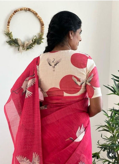 Generic Women's Linen Printed Saree With Unstitched Blouse - 5.5 Mtr (Pink)