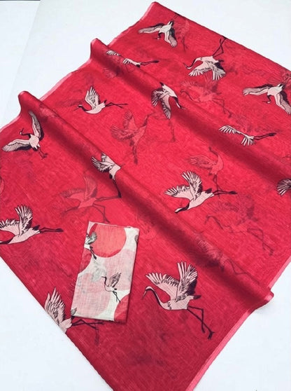 Generic Women's Linen Printed Saree With Unstitched Blouse - 5.5 Mtr (Pink)