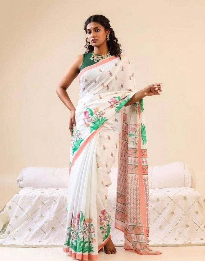 Generic Women's Linen Floral Printed Saree With Unstitched Blouse - 5.5 Mtr (White)