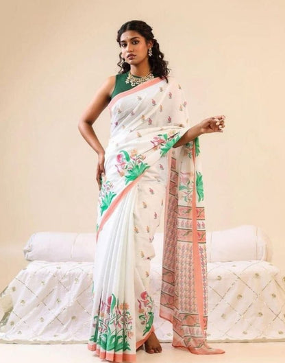 Generic Women's Linen Floral Printed Saree With Unstitched Blouse - 5.5 Mtr (White)