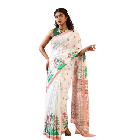 Generic Women's Linen Floral Printed Saree With Unstitched Blouse - 5.5 Mtr (White)