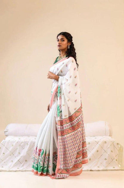 Generic Women's Linen Floral Printed Saree With Unstitched Blouse - 5.5 Mtr (White)