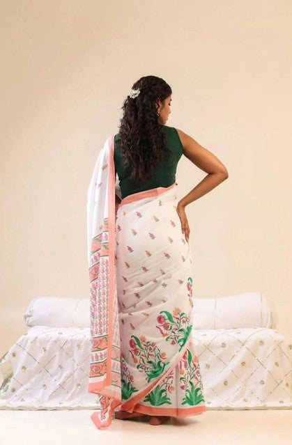 Generic Women's Linen Floral Printed Saree With Unstitched Blouse - 5.5 Mtr (White)