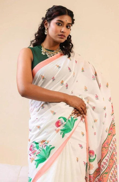 Generic Women's Linen Floral Printed Saree With Unstitched Blouse - 5.5 Mtr (White)