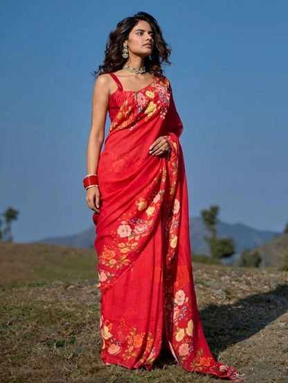 Generic Women's Linen Floral Printed Saree With Unstitched Blouse - 5.5 Mtr (Red)