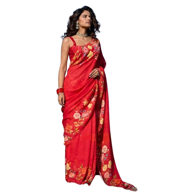 Generic Women's Linen Floral Printed Saree With Unstitched Blouse - 5.5 Mtr (Red)