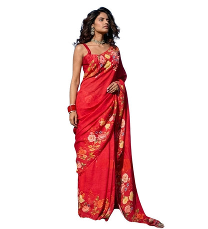 Generic Women's Linen Floral Printed Saree With Unstitched Blouse - 5.5 Mtr (Red)