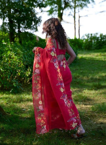 Generic Women's Linen Floral Printed Saree With Unstitched Blouse - 5.5 Mtr (Red)