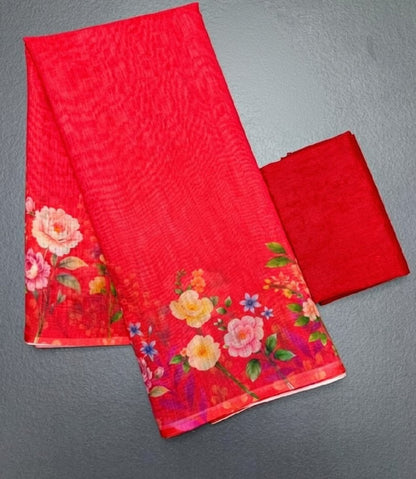 Generic Women's Linen Floral Printed Saree With Unstitched Blouse - 5.5 Mtr (Red)