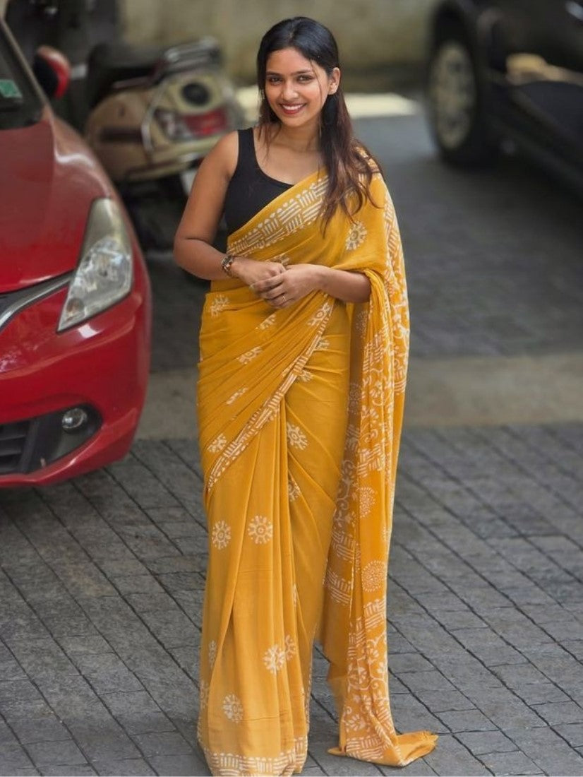 Generic Women's Linen Printed Saree With Unstitched Blouse - 5.5 Mtr (Yellow)