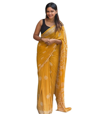 Generic Women's Linen Printed Saree With Unstitched Blouse - 5.5 Mtr (Yellow)