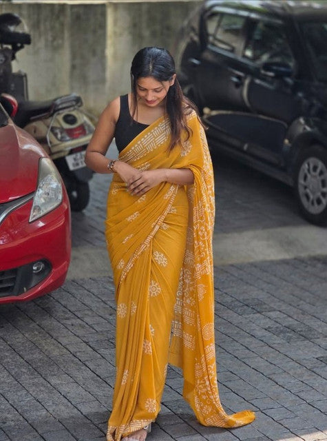 Generic Women's Linen Printed Saree With Unstitched Blouse - 5.5 Mtr (Yellow)