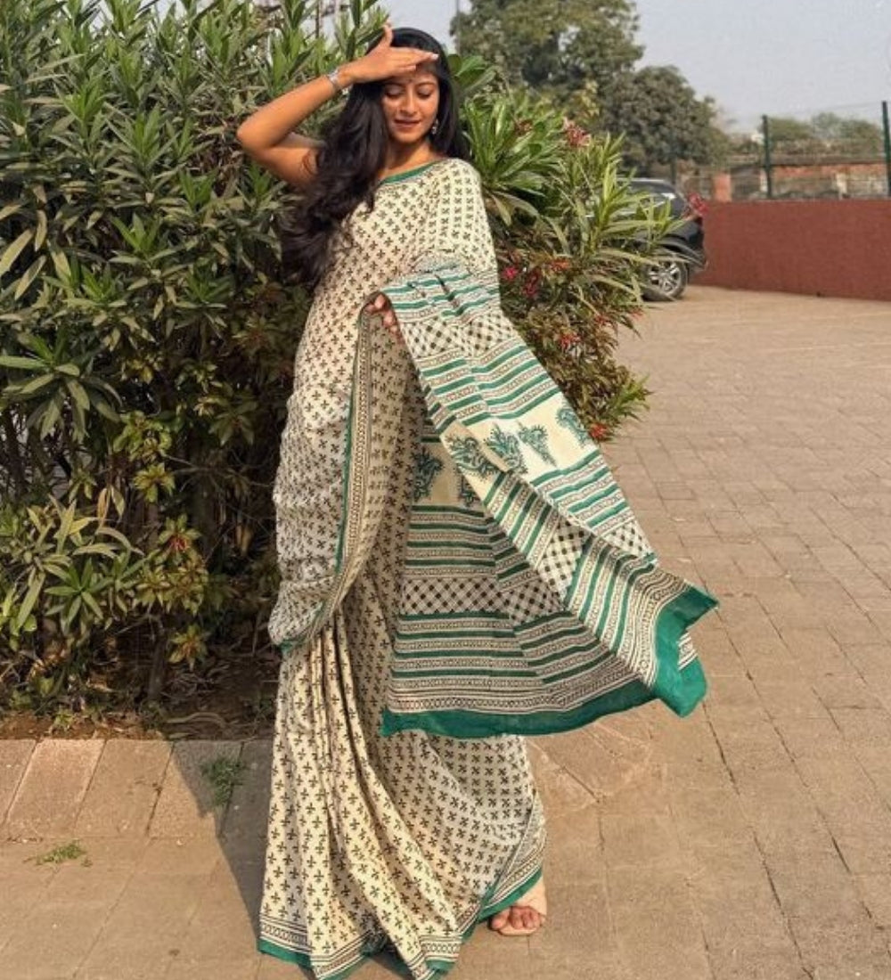 Generic Women's Linen Printed Saree With Unstitched Blouse - 5.5 Mtr (Off White)