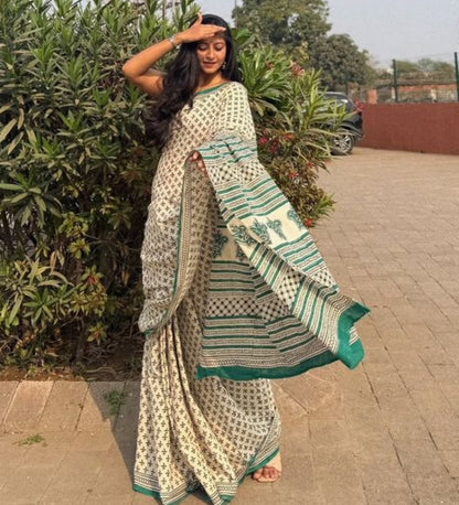 Generic Women's Linen Printed Saree With Unstitched Blouse - 5.5 Mtr (Off White)