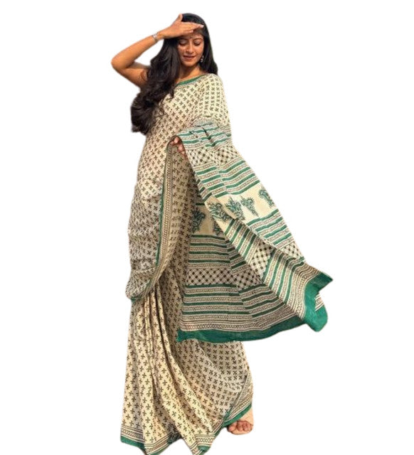 Generic Women's Linen Printed Saree With Unstitched Blouse - 5.5 Mtr (Off White)