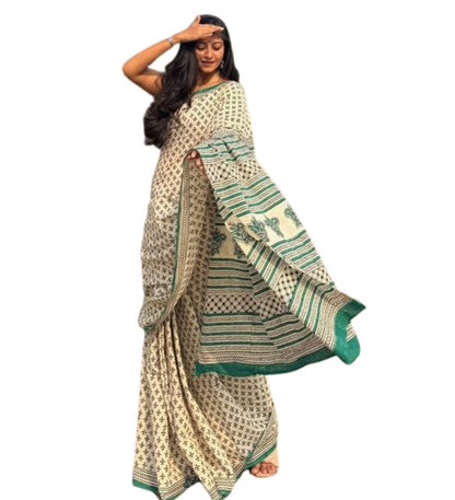 Generic Women's Linen Printed Saree With Unstitched Blouse - 5.5 Mtr (Off White)