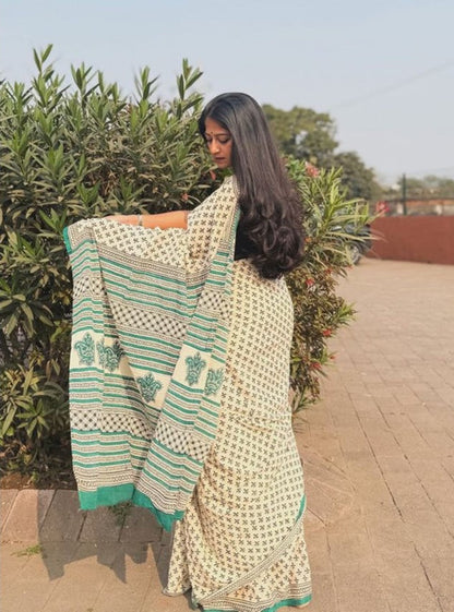 Generic Women's Linen Printed Saree With Unstitched Blouse - 5.5 Mtr (Off White)