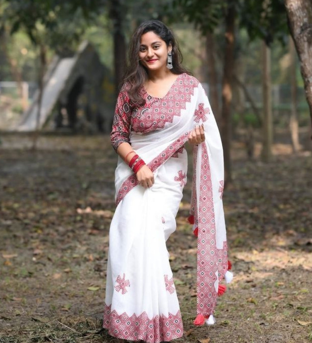 Generic Women's Linen Floral Printed Saree With Unstitched Blouse - 5.5 Mtr (White-Red)