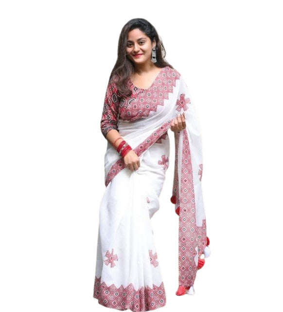Generic Women's Linen Floral Printed Saree With Unstitched Blouse - 5.5 Mtr (White-Red)