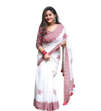 Generic Women's Linen Floral Printed Saree With Unstitched Blouse - 5.5 Mtr (White-Red)