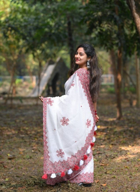 Generic Women's Linen Floral Printed Saree With Unstitched Blouse - 5.5 Mtr (White-Red)